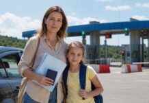 Дозвіл на виїзд дитини за кордон у 2026 році: повний гайд для батьків Волині Жінка з дитиною біля автомобіля на прикордонному пункті пропуску тримають документи для подорожі.