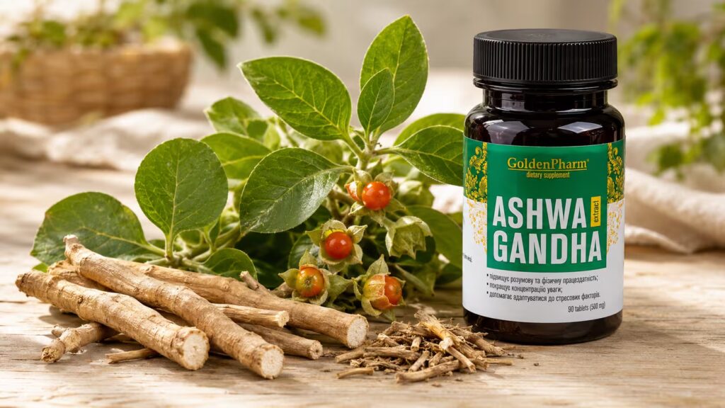 Баночка Golden Pharm Ashwagandha з зелено-білою етикеткою стоїть на світлому дерев’яному столі поруч із коренями, зеленим листям і помаранчево-червоними плодами ашваганди.