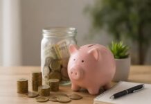 Фінансова подушка безпеки: скільки грошей потрібно відкладати Фінансова подушка безпеки: скарбничка, монети, заощадження та блокнот для фінансового планування на дерев'яному столі.