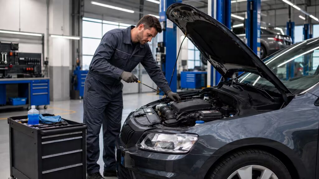 Автомеханік проводить базову перевірку автомобіля в сучасному автосервісі перед далекою поїздкою.