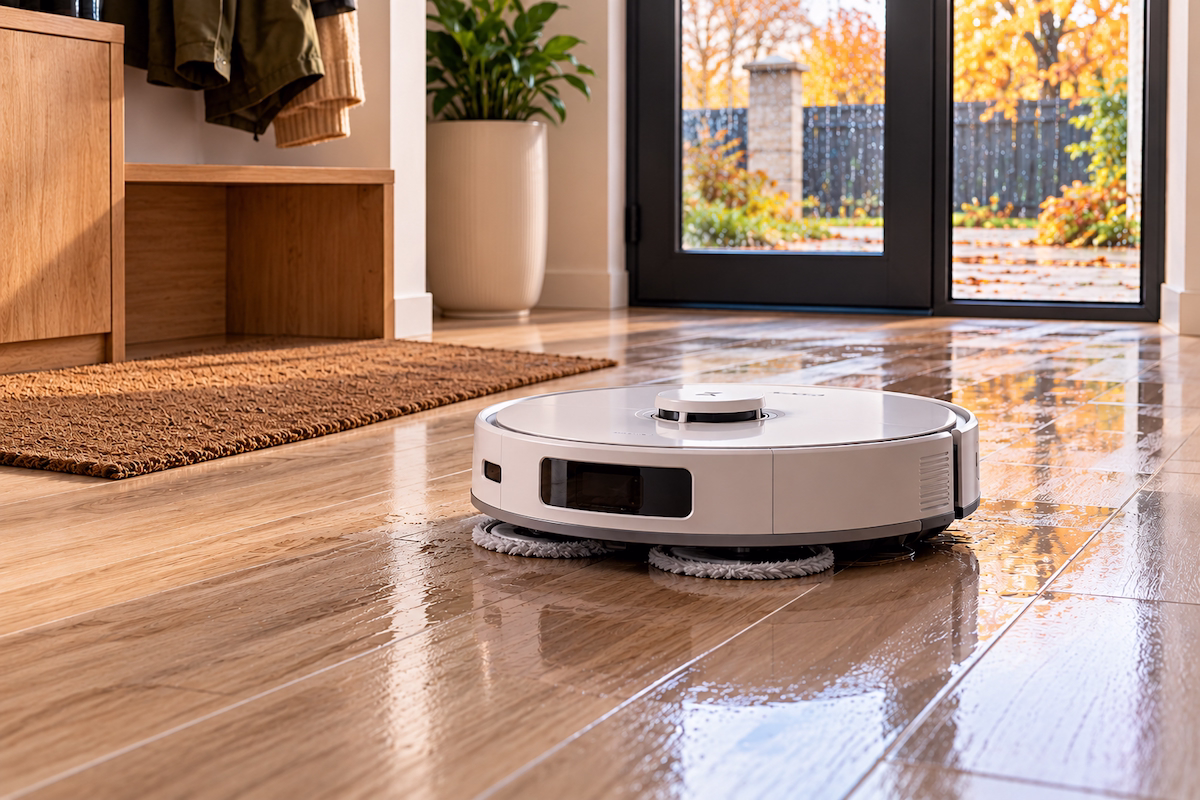 Robot-pylosos z volohym prybyranniam Робот-пилосос з вологим прибиранням очищає підлогу від бруду та слідів взуття у передпокої приватного будинку