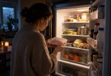 Зберігання продуктів під час відключення світла — жінка перевіряє м'ясо у відкритому холодильнику на темній кухні.