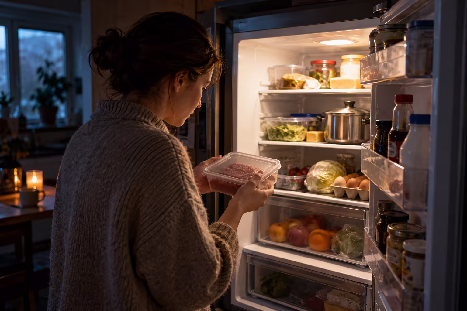 Skilky kholodylnyk trymaie kholod bez svitla Зберігання продуктів під час відключення світла — жінка перевіряє м'ясо у відкритому холодильнику на темній кухні.